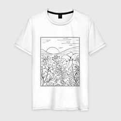 Футболка хлопковая мужская Пейзаж с холмами и цветами, цвет: белый
