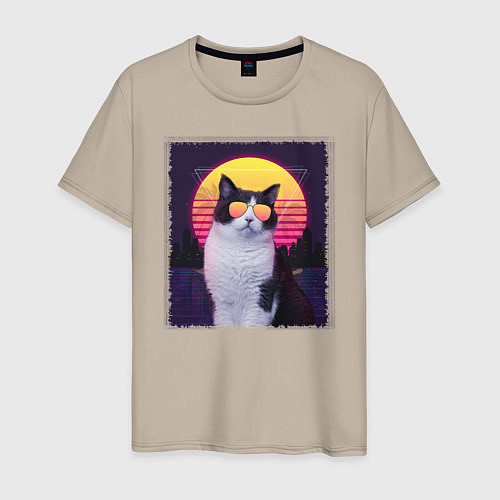 Мужская футболка Synthwave cat / Миндальный – фото 1