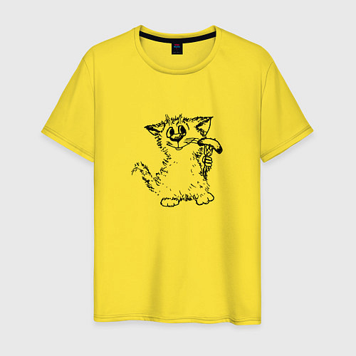 Мужская футболка Котенок с вилкой и сосиской / Желтый – фото 1