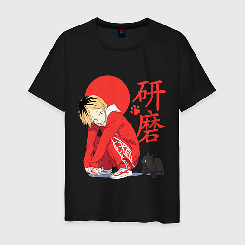 Мужская футболка Кенма Козуме с котиком Haikyuu / Черный – фото 1