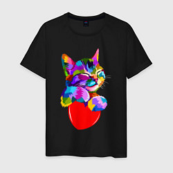 Футболка хлопковая мужская РАДУЖНЫЙ КОТИК RAINBOW KITTY, цвет: черный