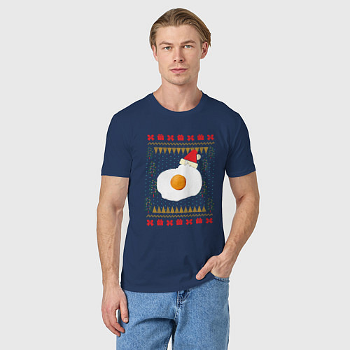 Мужская футболка Рождественский свитер Кот-яичница / Тёмно-синий – фото 3
