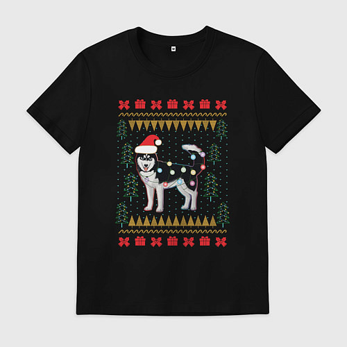 Мужская футболка Рождественский свитер Хаски / Черный – фото 1