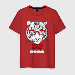 Футболка хлопковая мужская Белый тигр в красных очках, цвет: красный