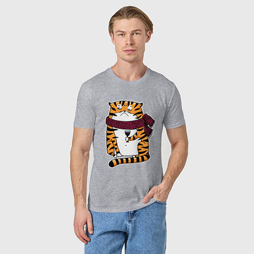 Мужская футболка Недовольный тигр с бокалом вина / Меланж – фото 3