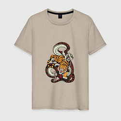 Футболка хлопковая мужская Змея и Тигр, цвет: миндальный