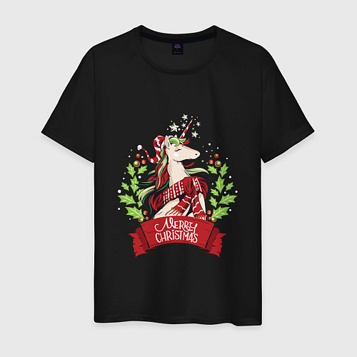 Мужская футболка Christmas Unicorn / Черный – фото 1
