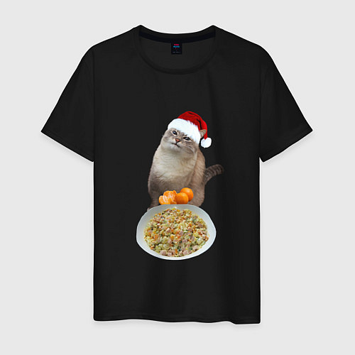Мужская футболка Новогодний кот и оливье / Черный – фото 1