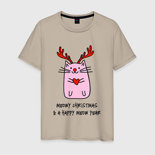 Мужская футболка Новогодний кот с сердечком в лапках / Миндальный – фото 1