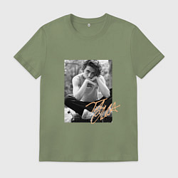 Футболка хлопковая мужская Черно-белое фото Шаламе с автографом, цвет: авокадо