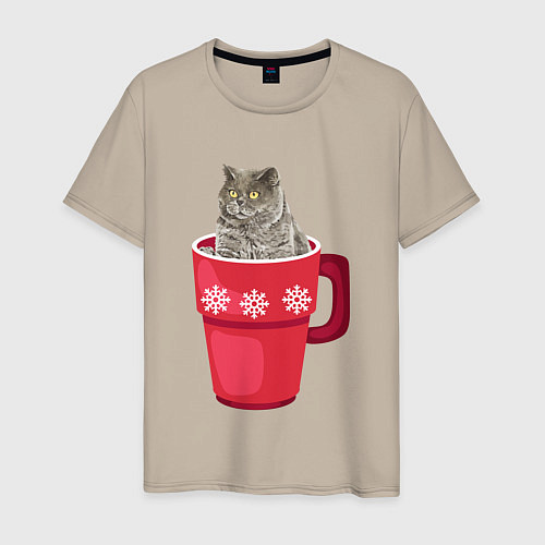 Мужская футболка Удивленный кот в кружке / Миндальный – фото 1