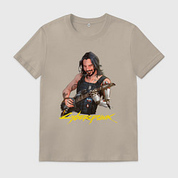 Футболка хлопковая мужская Джонни Cyberpunk2077 Johnny с гитарой, цвет: миндальный