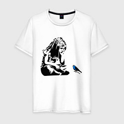 Футболка хлопковая мужская BANKSY girl with blue bird БЭНКСИ девочка с синей, цвет: белый