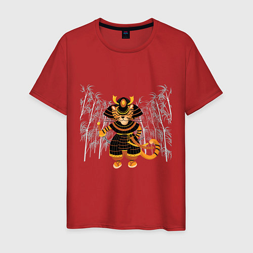 Мужская футболка Тигр-самурай с двумя мечами на фоне бамбука / Красный – фото 1
