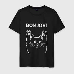 Футболка хлопковая мужская Bon Jovi Рок кот, цвет: черный