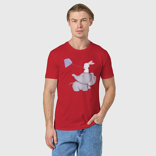 Мужская футболка Милый Слонёнок и Кролик Играют С Воздушным Змеем / Красный – фото 3