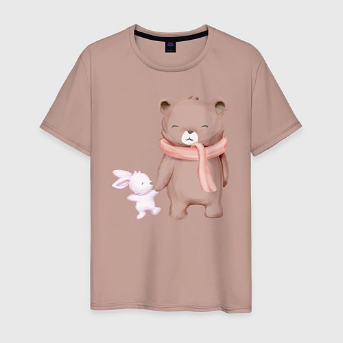 Мужская футболка Милый Медвежонок И Крольчонок / Пыльно-розовый – фото 1