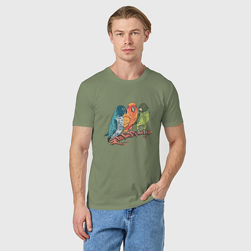 Мужская футболка Три волнистых попугая на ветке / Авокадо – фото 3