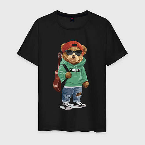 Мужская футболка Прикольный мишутка гитарист Cool teddy bear guitar / Черный – фото 1