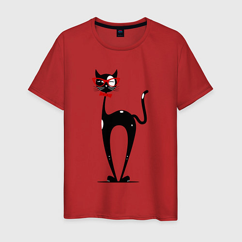 Мужская футболка Черный кот с белыми пятнами в очках / Красный – фото 1