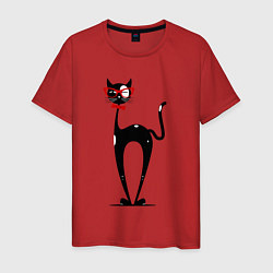 Футболка хлопковая мужская Черный кот с белыми пятнами в очках, цвет: красный