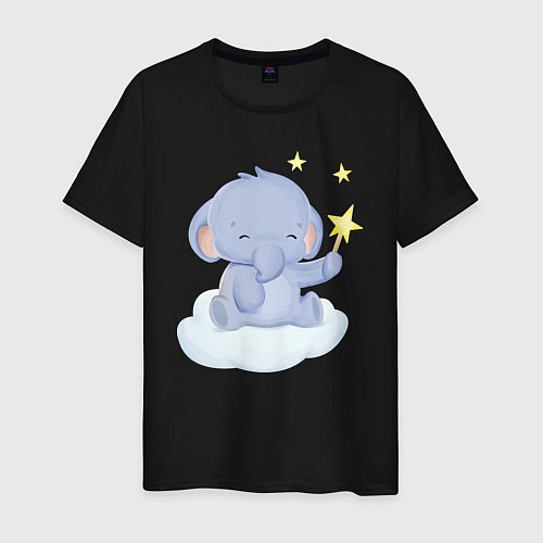 Мужская футболка Милый Слонёнок Сидит На Облаке / Черный – фото 1