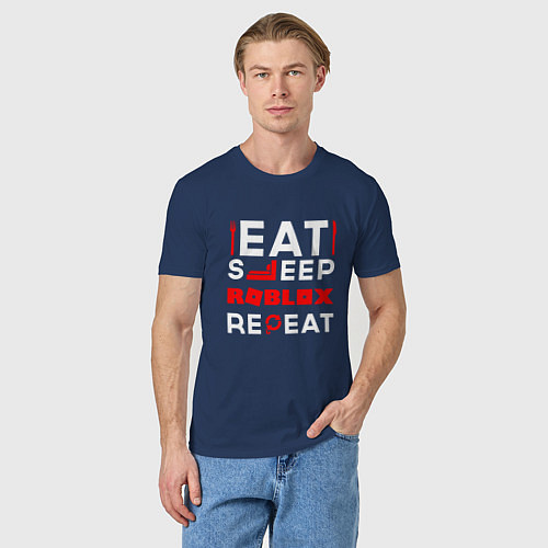 Мужская футболка Надпись Eat Sleep Roblox Repeat / Тёмно-синий – фото 3