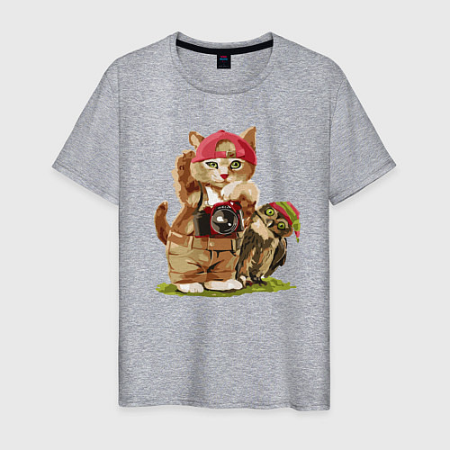 Мужская футболка Котёнок фотограф с прикольным совёнком / Меланж – фото 1
