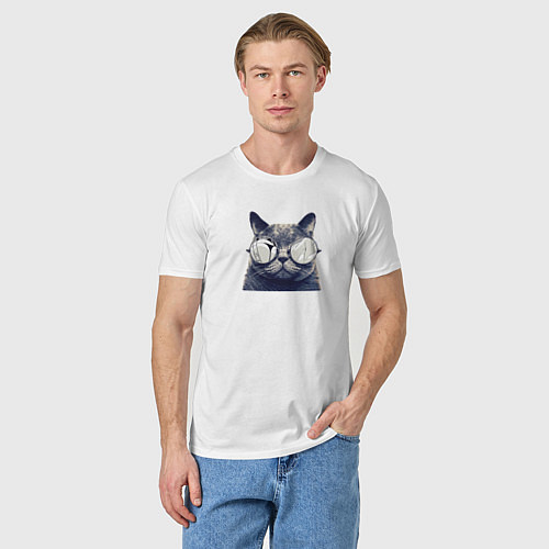Мужская футболка Арт кот в очках принт / Белый – фото 3
