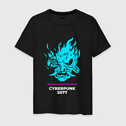 Футболка хлопковая мужская Символ Cyberpunk 2077 в неоновых цветах, цвет: черный