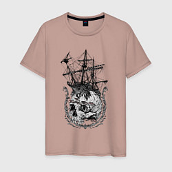 Футболка хлопковая мужская The frigate and the Pirates Skull, цвет: пыльно-розовый