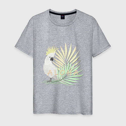 Мужская футболка Белый попугай с хохолком на фоне листьев пальмы / Меланж – фото 1