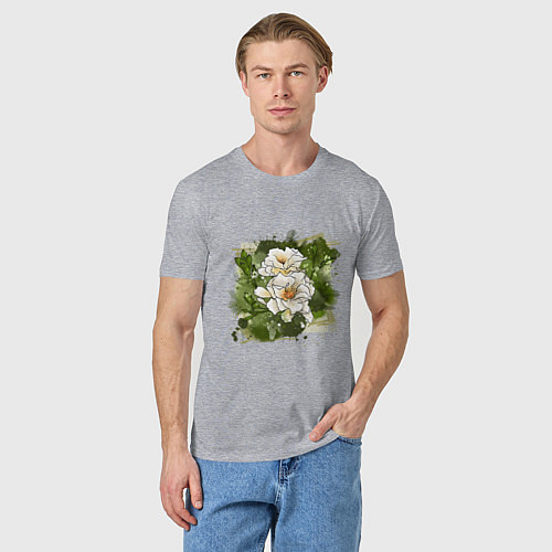 Мужская футболка Нежные белые цветы на зелёном акварельном фоне / Меланж – фото 3