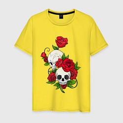 Футболка хлопковая мужская Розы окутывают два черепа, цвет: желтый