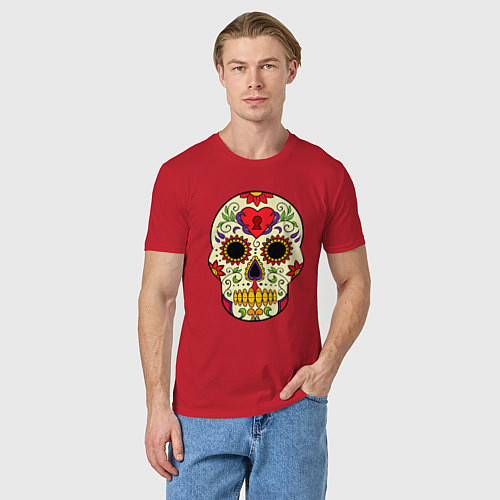 Мужская футболка Череп с замочком, с подсолнухами и цветами / Красный – фото 3