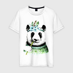 Футболка хлопковая мужская Прикольный панда жующий стебель бамбука, цвет: белый