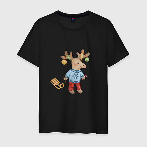 Мужская футболка Рождественский олень с санями / Черный – фото 1