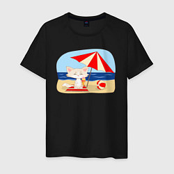 Футболка хлопковая мужская Кошечка на пляже с мороженым, цвет: черный