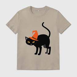 Футболка хлопковая мужская Чёрный хэллоуинский котик, цвет: миндальный