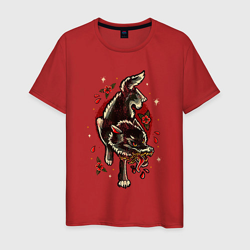 Мужская футболка Волк цветы и звезды / Красный – фото 1