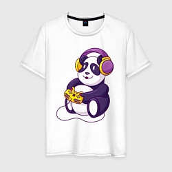 Футболка хлопковая мужская Панда в наушниках с геймпадом, цвет: белый