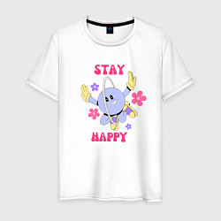 Футболка хлопковая мужская Stay happy, планета с ромашками, цвет: белый