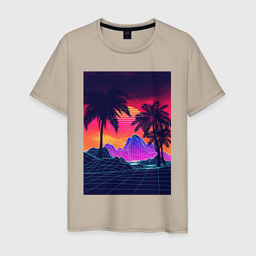 Мужская футболка Синтвейв пляж и пальмы / Миндальный – фото 1