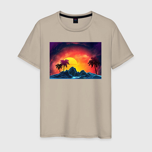 Мужская футболка Пляж и пальмы абстрактный ретро дизайн / Миндальный – фото 1