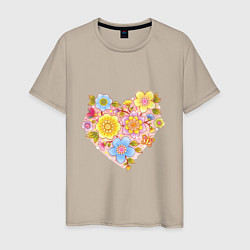 Футболка хлопковая мужская Орнамент цветочный в форме сердца Любовь, цвет: миндальный