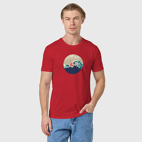 Мужская футболка Большие океанские волны и силуэт острова на закате / Красный – фото 3