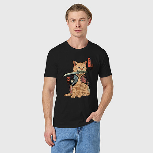 Мужская футболка Кот самурай с вакидзаси / Черный – фото 3