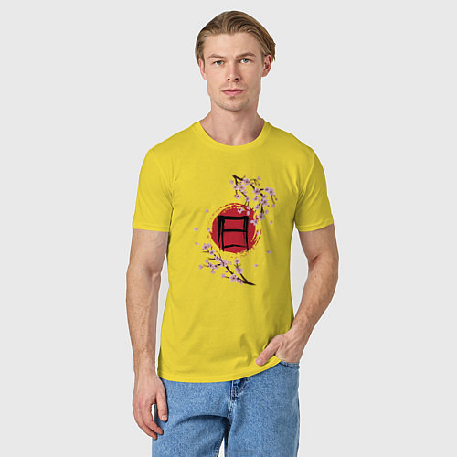 Мужская футболка Цветущая сакура и красный круг с японским иероглиф / Желтый – фото 3