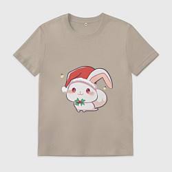 Футболка хлопковая мужская Зайка в шапке Санты, цвет: миндальный