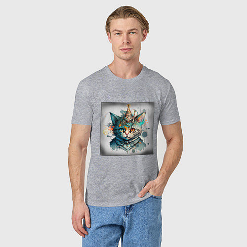 Мужская футболка Абстрактный акварельный кот с колпаком и брызгами / Меланж – фото 3